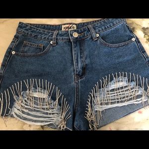 Rhinestone fringe denim shorts